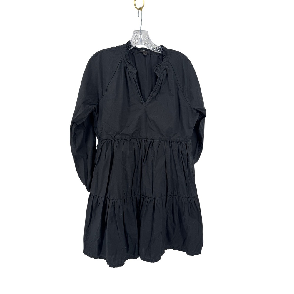 J.Crew Tiered Ruffled Mini Dress Women S Black Cotton V-Neck Long Sleeve Pockets